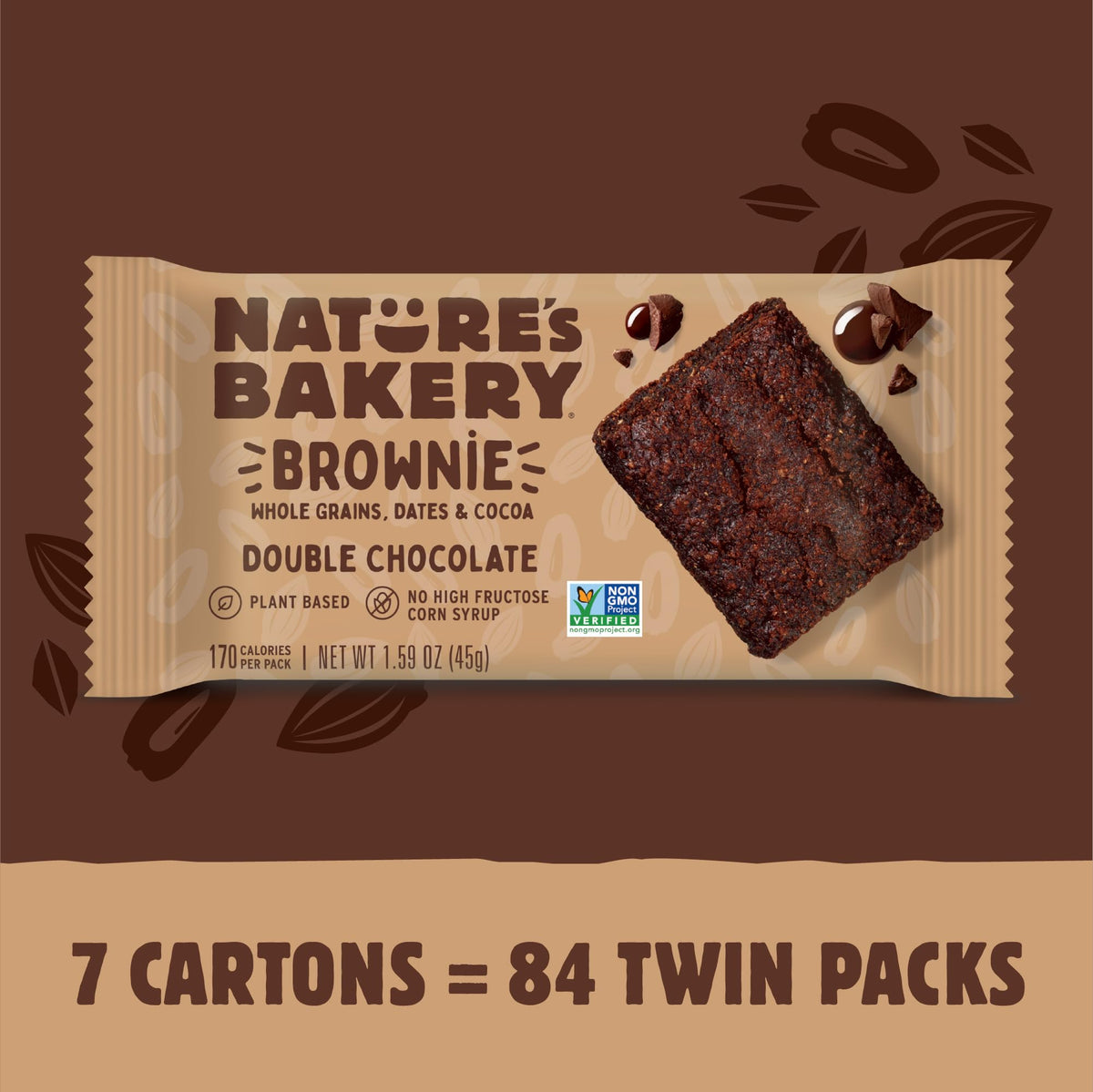 Nature's Bakery brownie bar ingredients display with dates and cocoa for plant-based indulgence
