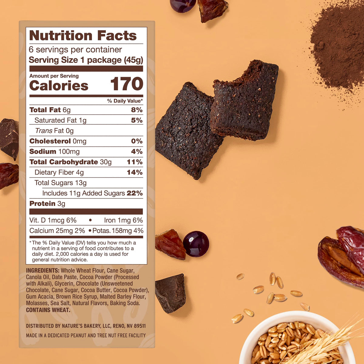 Nature's Bakery brownie bar ingredients show whole grains and dates.