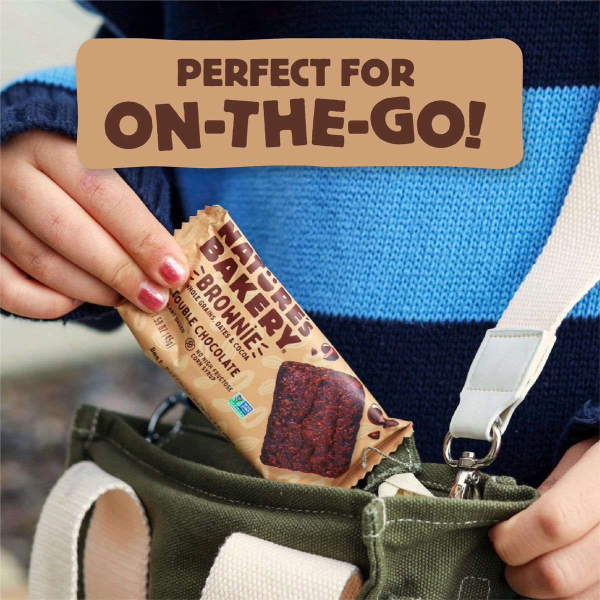 Nature's Bakery brownie bar front-pack for quick choice.