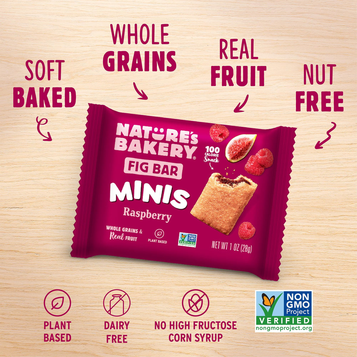 Nature's Bakery Fig Bar Minis Raspberry nut-free label emphasizes kid-friendly snack