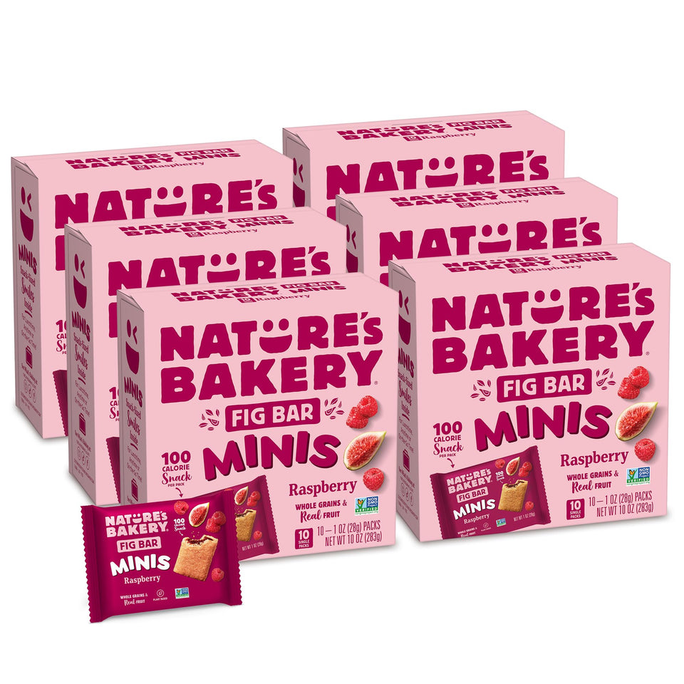 Nature's Bakery Fig Bar Minis Raspberry packaging front for on-the-go snacking