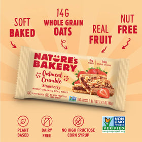 Nature's Bakery raspberry fig bar close-up emphasizes juicy fruit filling for a quick snack.
