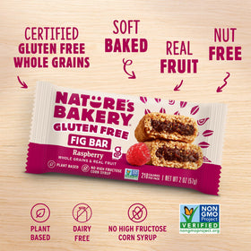 Nature's Bakery gluten-free label on Raspberry Fig Bars packaging.