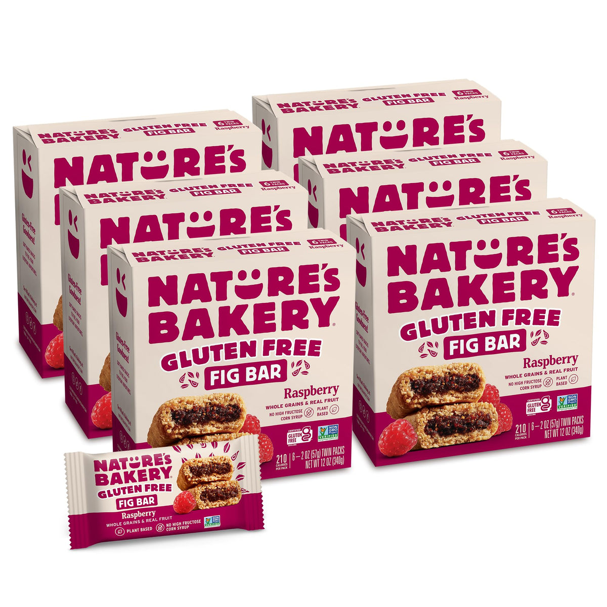 Nature's Bakery Raspberry Fig Bars packaging highlighting gluten-free, real fruit goodness for on-the-go snacking.