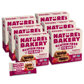 Nature's Bakery Raspberry Fig Bars packaging highlighting gluten-free, real fruit goodness for on-the-go snacking.