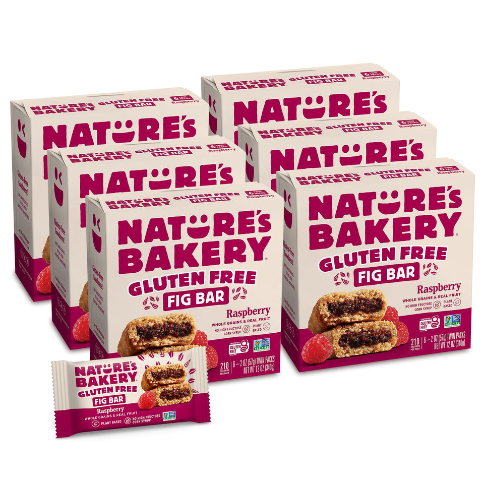 Nature's Bakery Raspberry Fig Bars packaging highlighting gluten-free, real fruit goodness for on-the-go snacking.