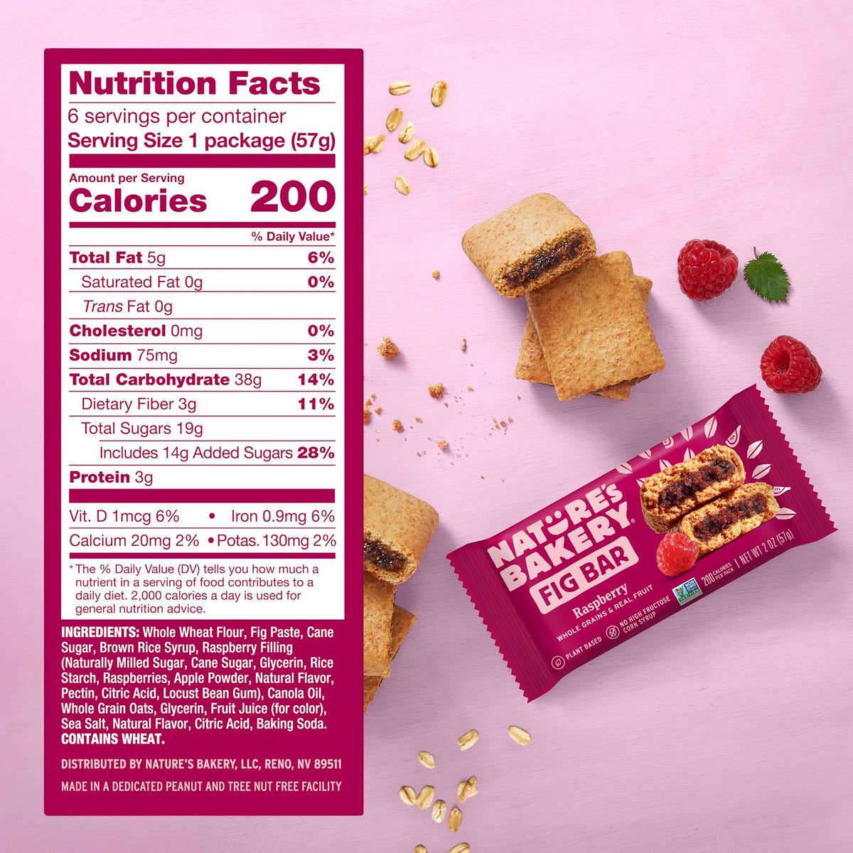 Nature's Bakery Raspberry Whole Wheat Fig Bars close-up highlighting real raspberries and fruit texture.