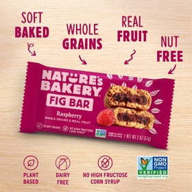 Nature's Bakery Raspberry Whole Wheat Fig Bars ingredients view featuring whole grains and soft-baked texture.