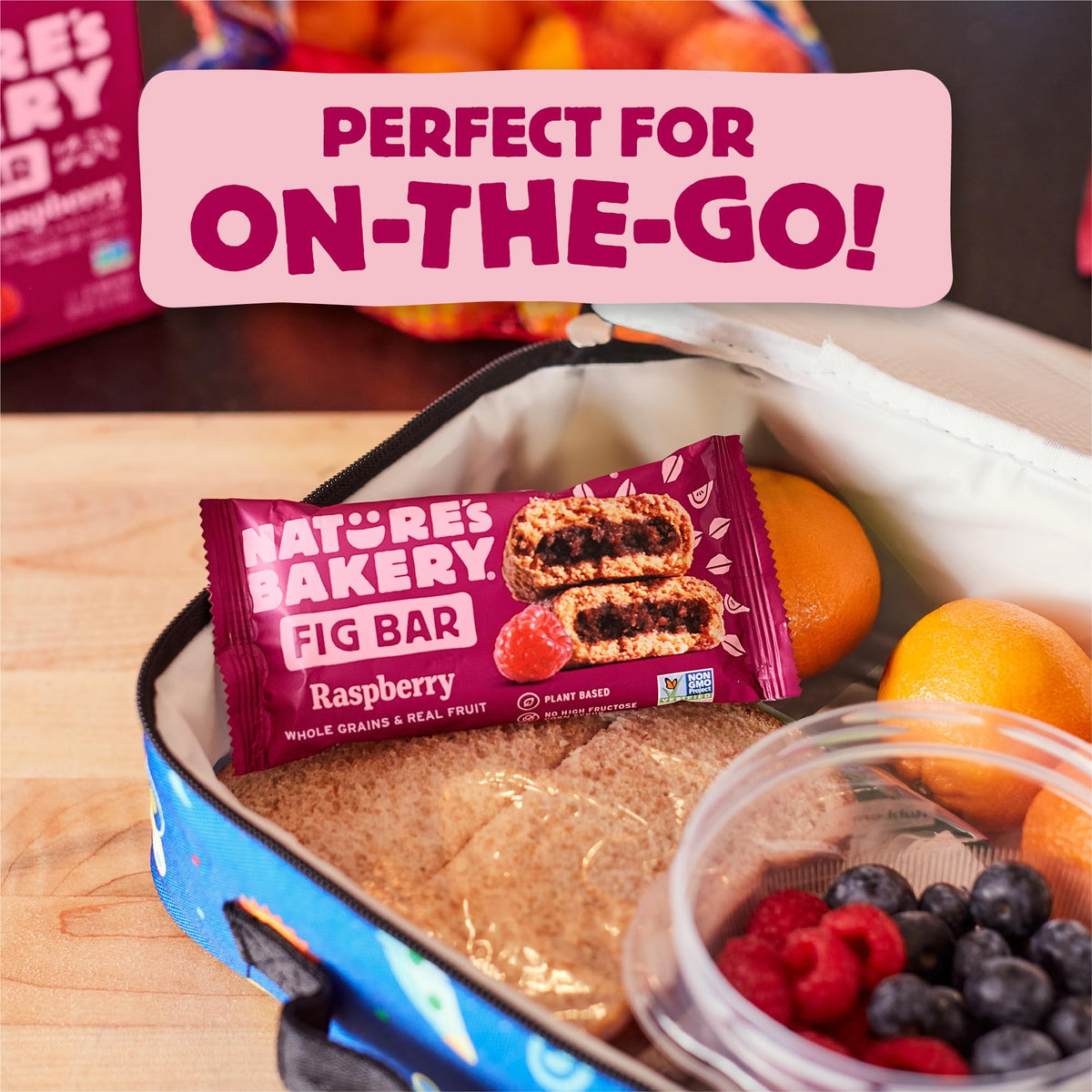 Nature's Bakery Raspberry Whole Wheat Fig Bars portion-controlled twin packs for easy sharing.
