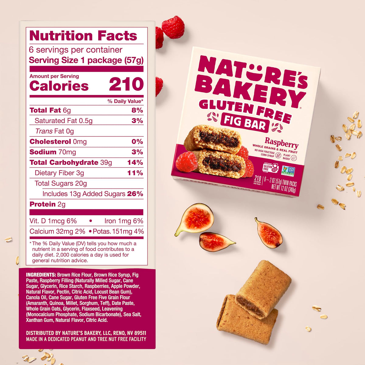 Nature's Bakery Raspberry Fig Bars reveal real fruit filling of raspberries and figs.