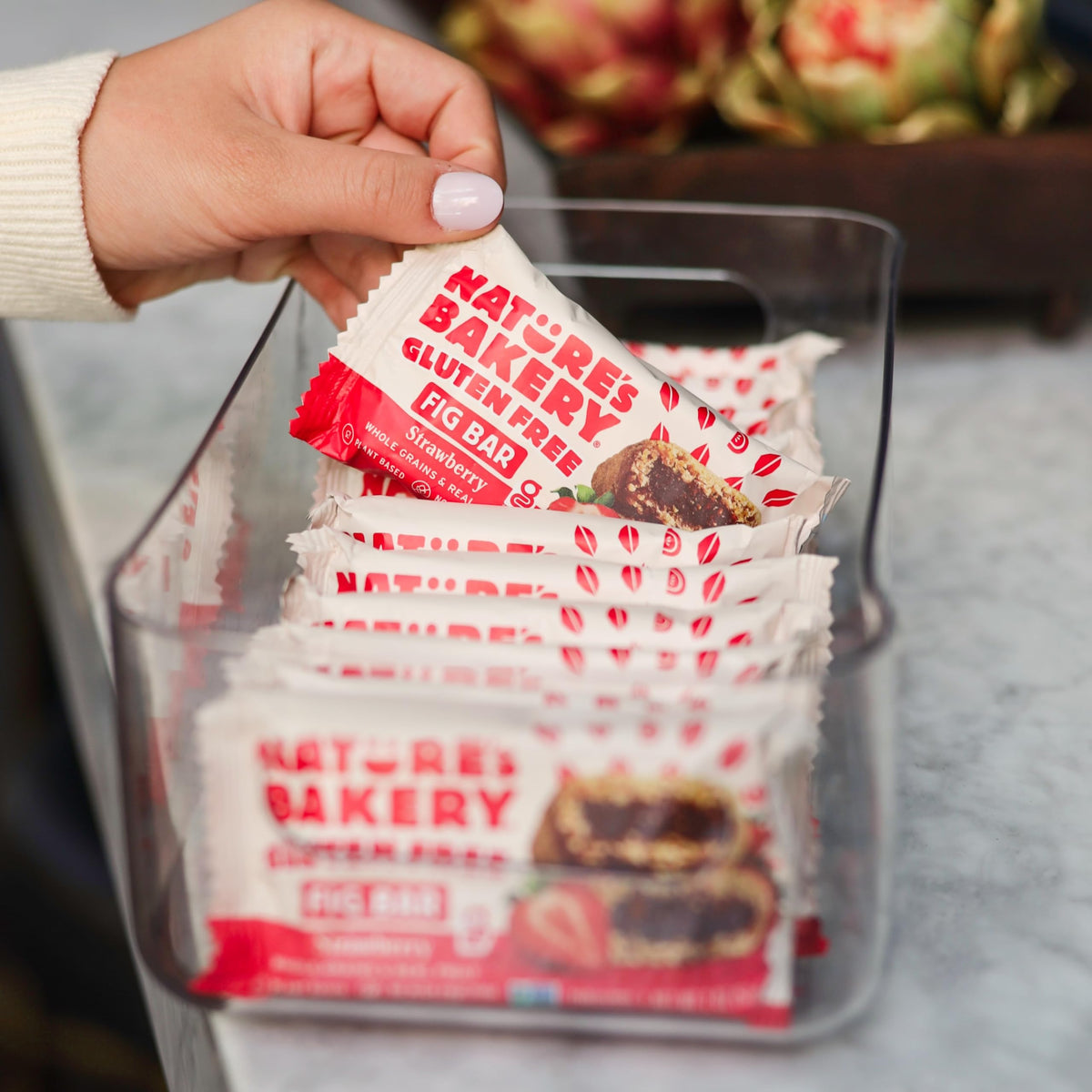 Nature's Bakery Strawberry Fig Bars vegan and Non-GMO verified packaging.