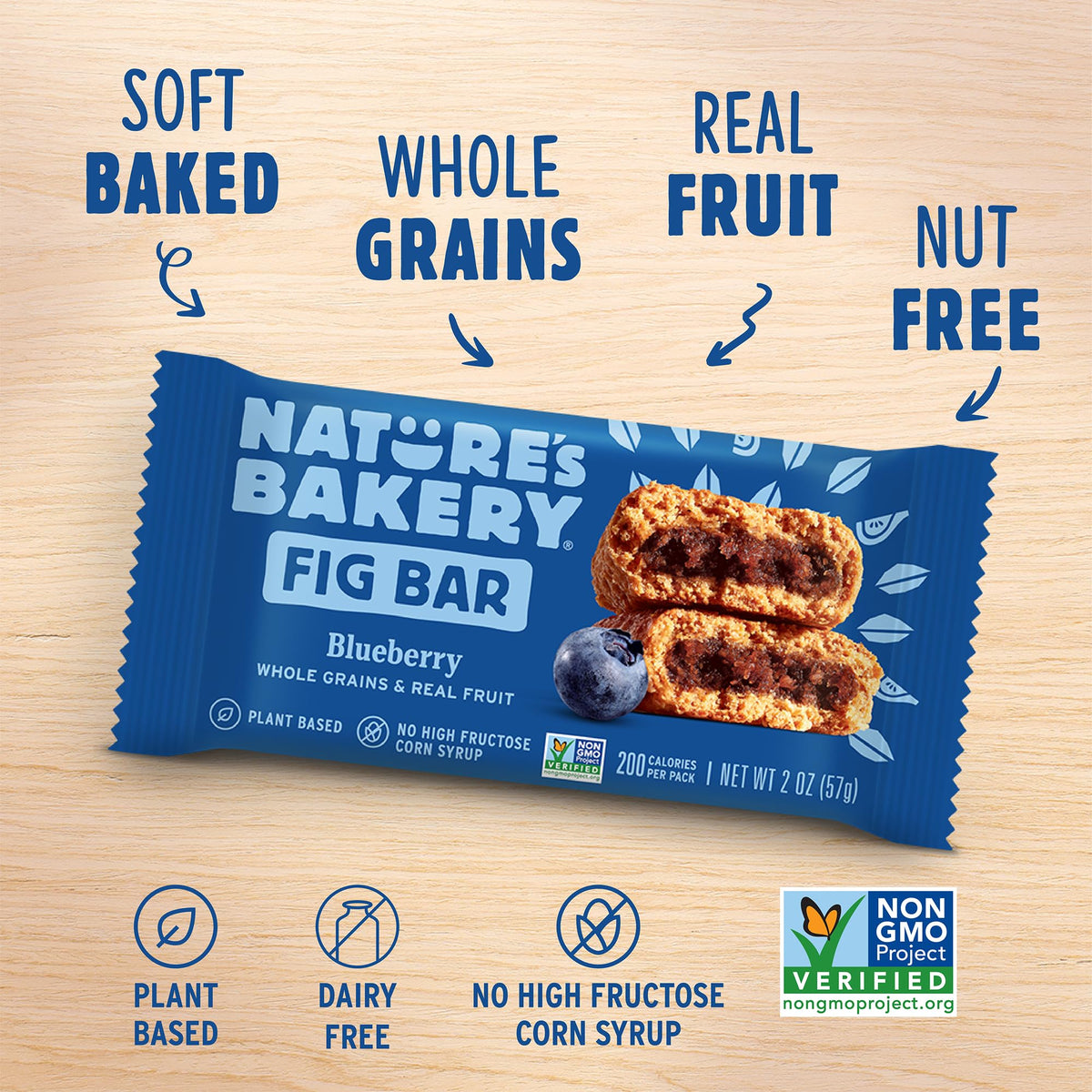 Nature's Bakery vegan non-GMO icons highlight plant-based, dairy-free snacking options.