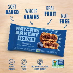 Nature's Bakery vegan non-GMO icons highlight plant-based, dairy-free snacking options.