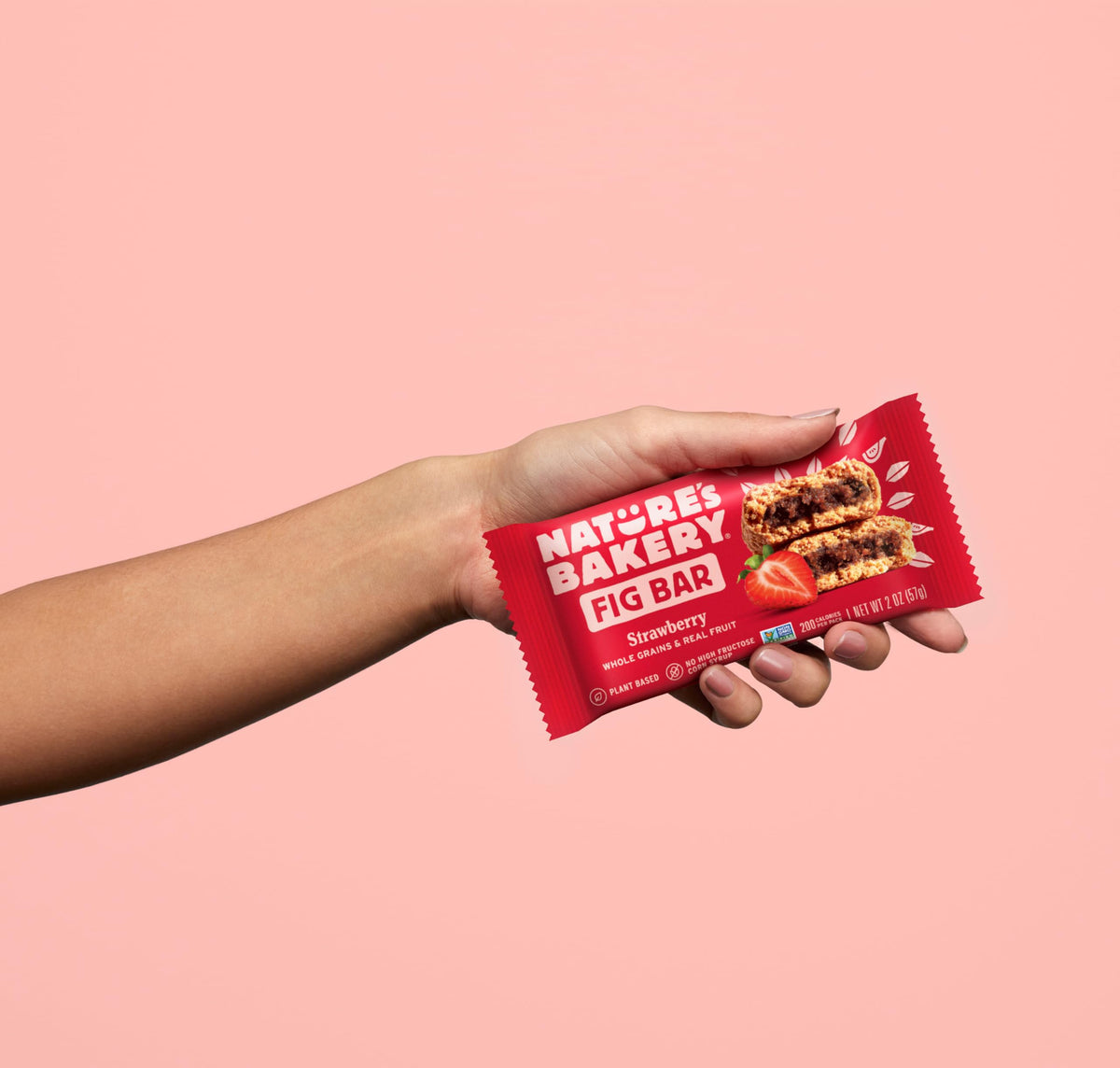 Vegan and Non-GMO label close-up on Nature's Bakery packaging.