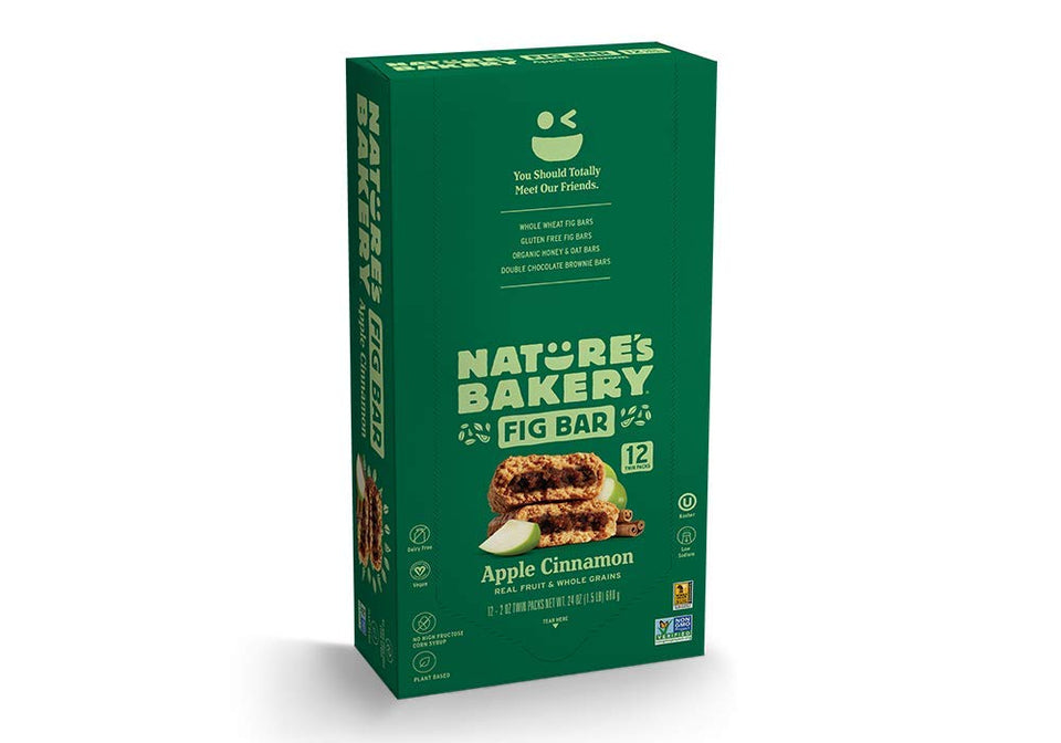 Nature's Bakery Whole Wheat Fig Bar Apple Cinnamon twin-pack display, ideal for on-the-go snacking.