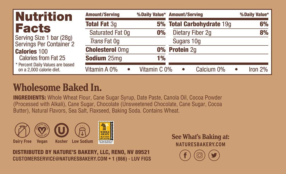 Nature's Bakery Whole Wheat Fig Bars ingredients close-up—dates and chocolate flavor