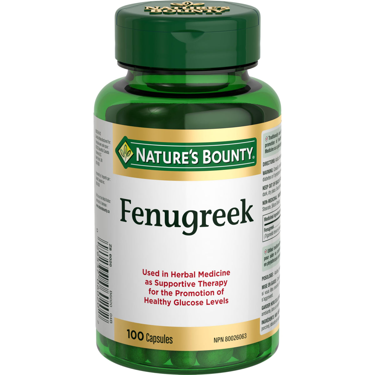 Nature's Bounty fenugreek capsules in bottle, convenient herbal support for daily wellness.
