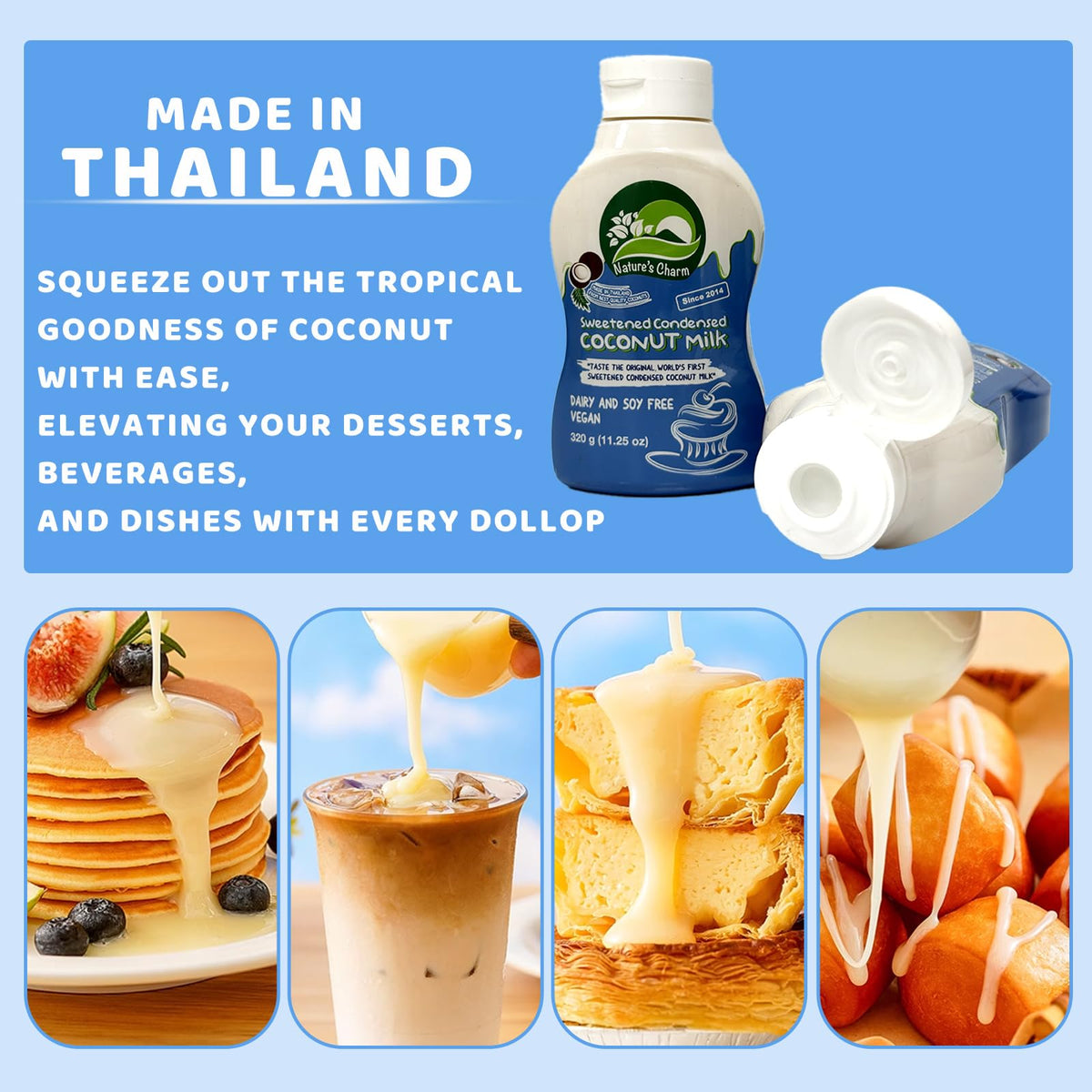 Nature's Charm condensed coconut milk showcases vegan and gluten-free features for cooks.