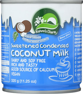 Nature's Charm Sweetned Condensed Coconut Milk bottle close-up, creamy dessert inspiration