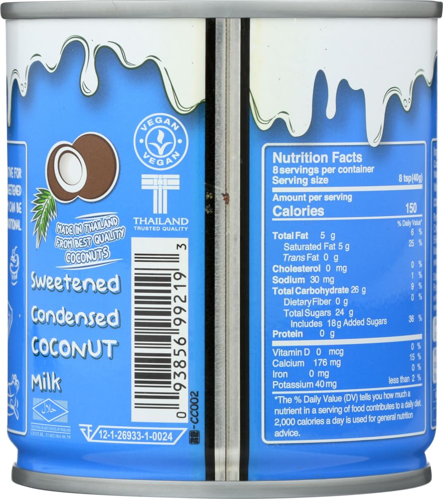 Nature's Charm Sweetned Condensed Coconut Milk poured into coffee; smooth sweetness enhances beverages