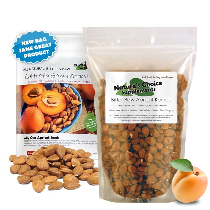 Nature's Choice apricot seeds in California bottle — raw vegan snack option