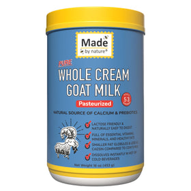 Nature's Diet goat milk powder bottle highlights creamy versatility for coffee and baking