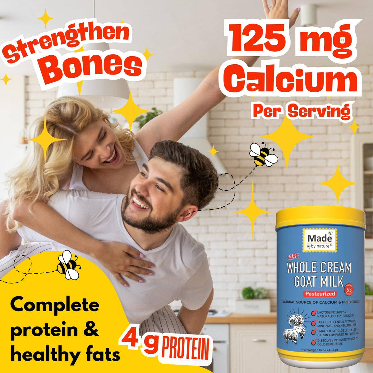 Nature's Diet goat milk powder nutrition panel emphasizes calcium and protein