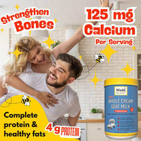 Nature's Diet goat milk powder nutrition panel emphasizes calcium and protein