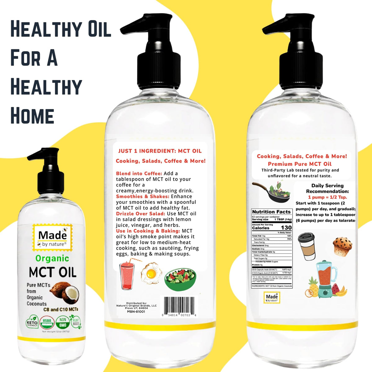Nature's Diet organic MCT label closeup—purity and origin shown.
