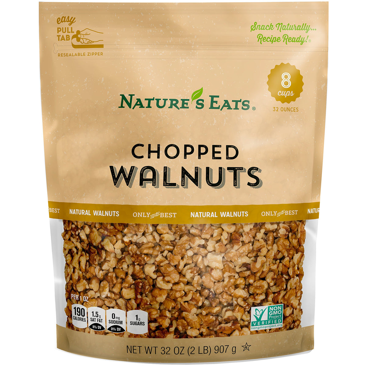 Nature's Eats chopped walnuts bag front, raw and unsalted, ready for baking and snacking.