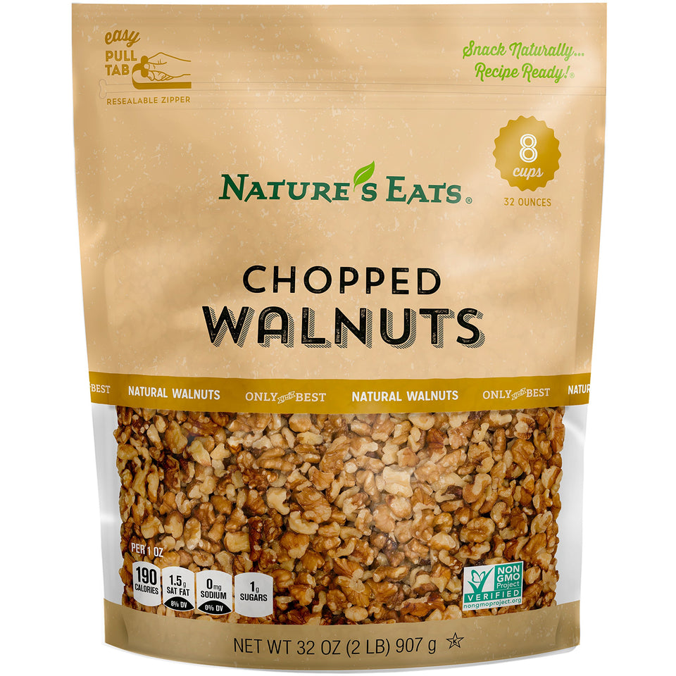 Nature's Eats chopped walnuts bag front, raw and unsalted, ready for baking and snacking.
