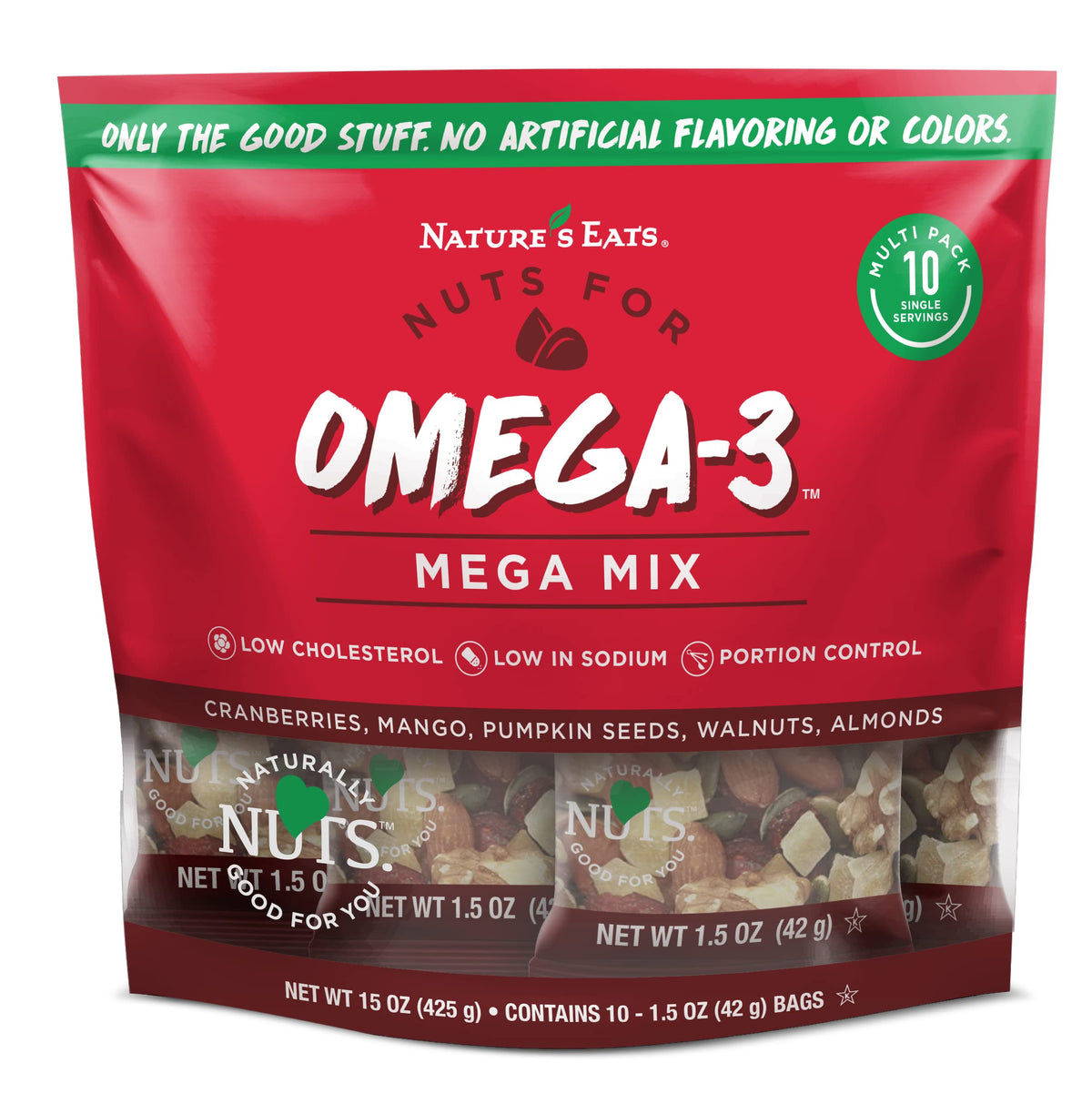 Nature's Eats Omega 3 Mega Mix Snack Pack, front view, low sodium portable snack