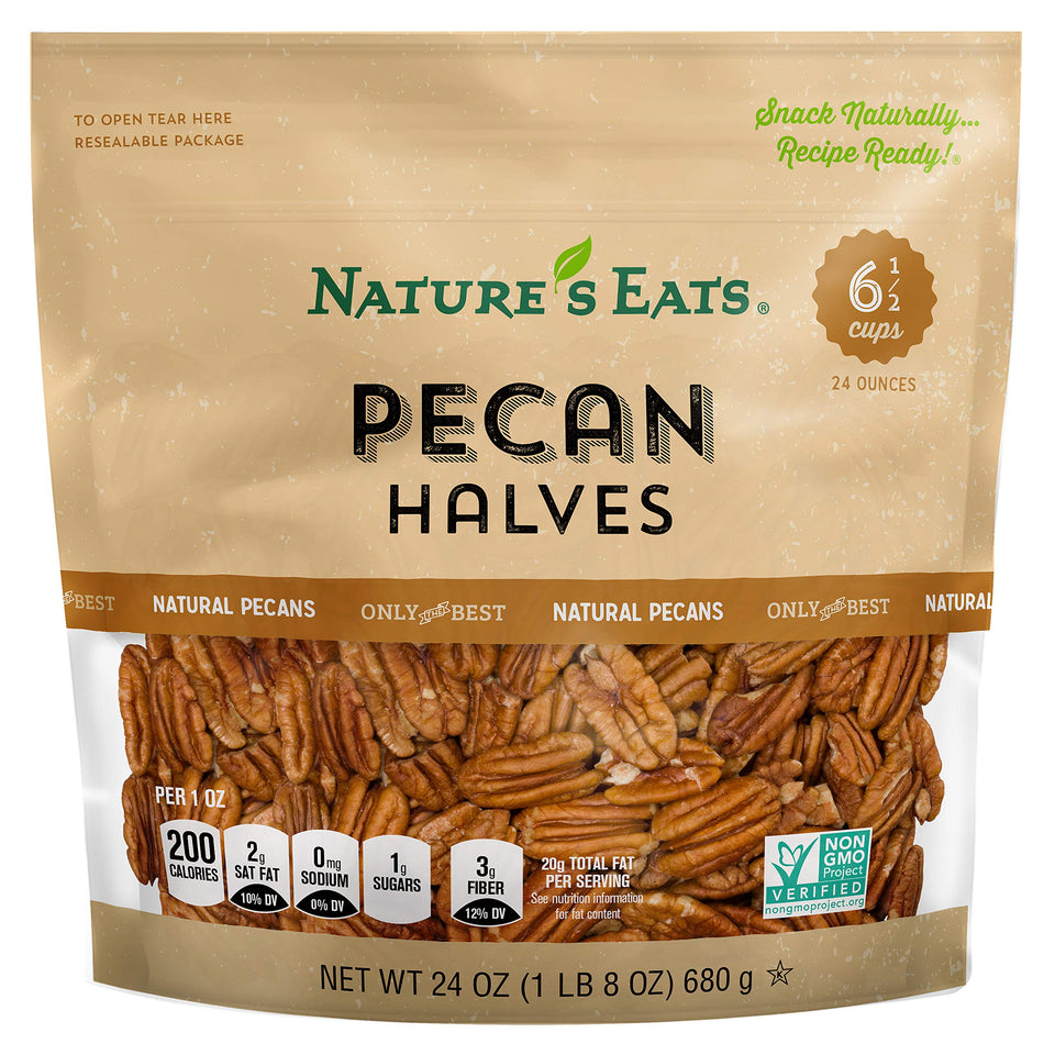 Nature's Eats Pecan Halves in a 24oz bag, ideal for snacking and baking