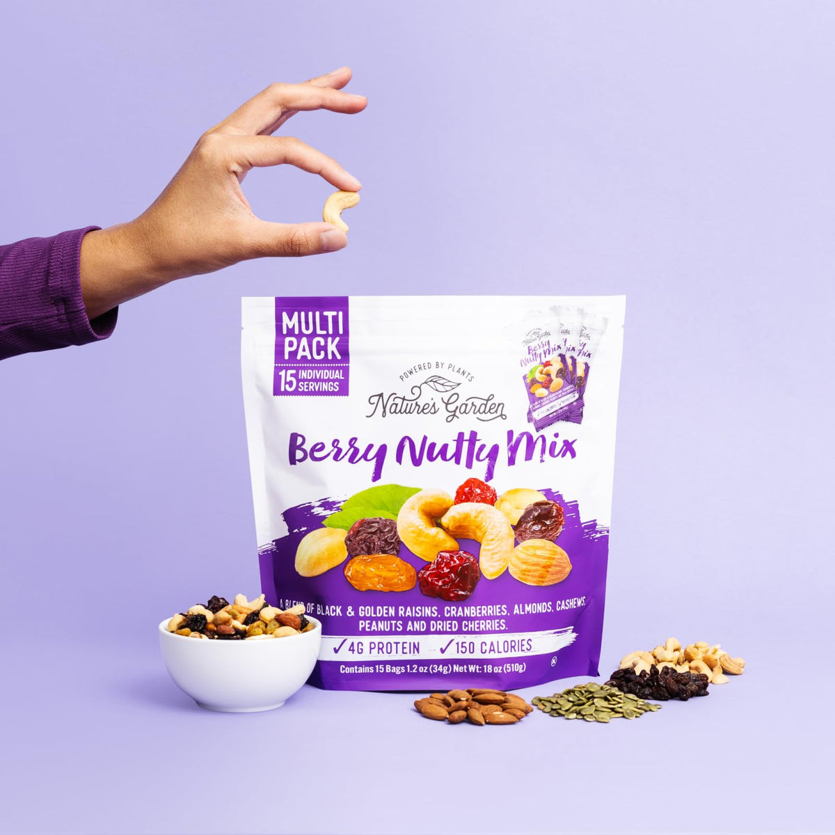 On-the-go packaging of Nature's Garden Berry Nutty Mix.