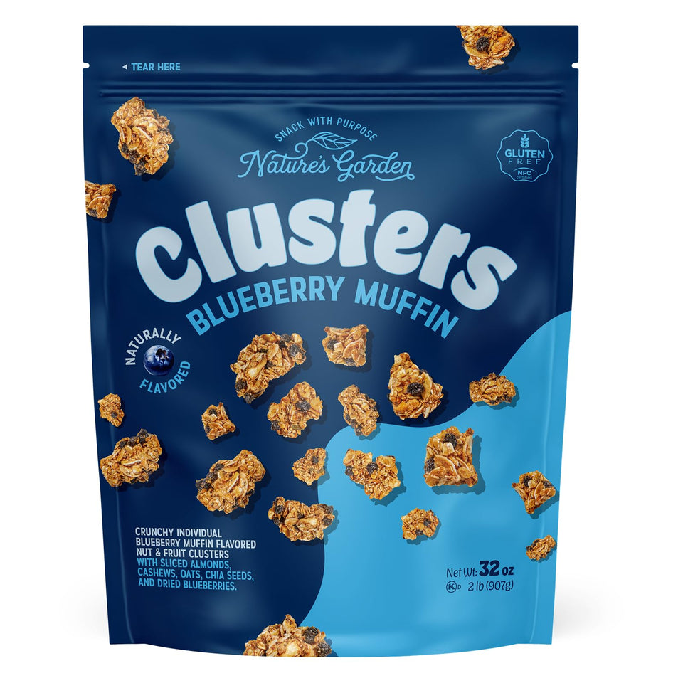 Nature's Garden Blueberry Muffin Clusters in a resealable pouch for on-the-go snacking.