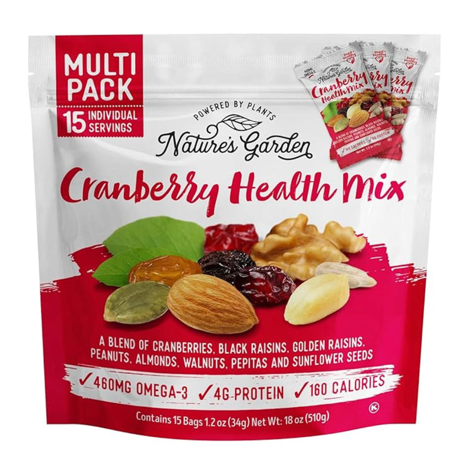 Nature's Garden Cranberry Health Mix bag front view, convenient single-serve snack.