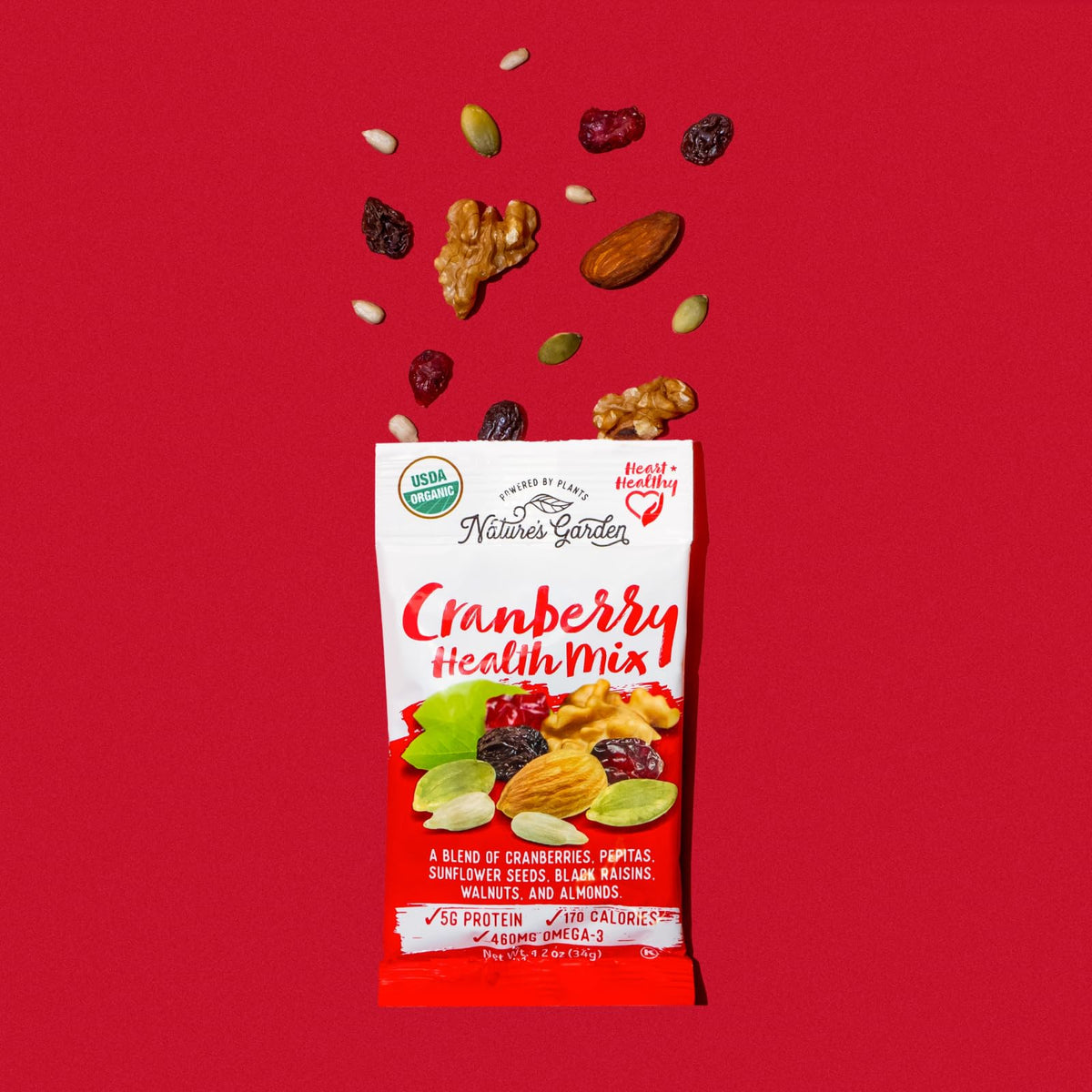 Nature's Garden Cranberry Health Mix ready-to-eat pack, vegan and gluten-free snack option.