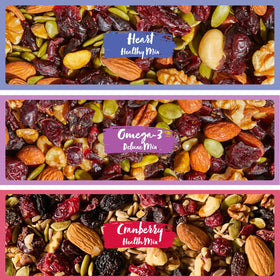 Nature's Garden heart-healthy snack trail mix, convenient bag for busy days.