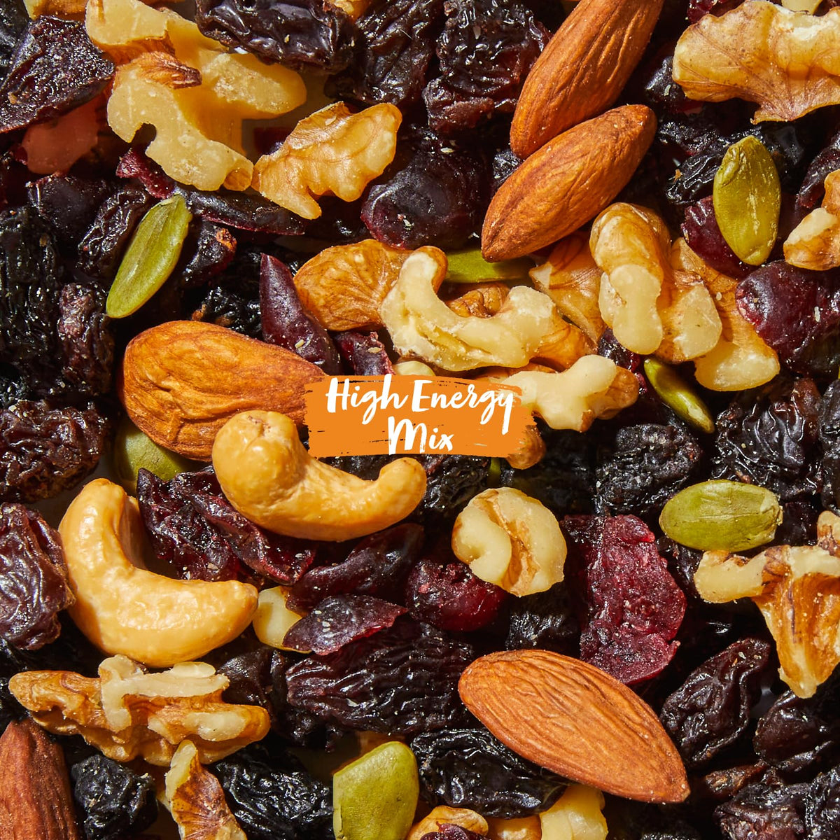 Nature's Garden High Energy Mix assorted fruits and nuts arranged for trail use