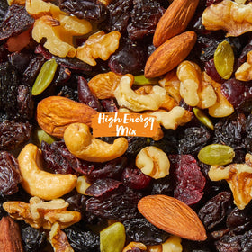 Nature's Garden High Energy Mix assorted fruits and nuts arranged for trail use