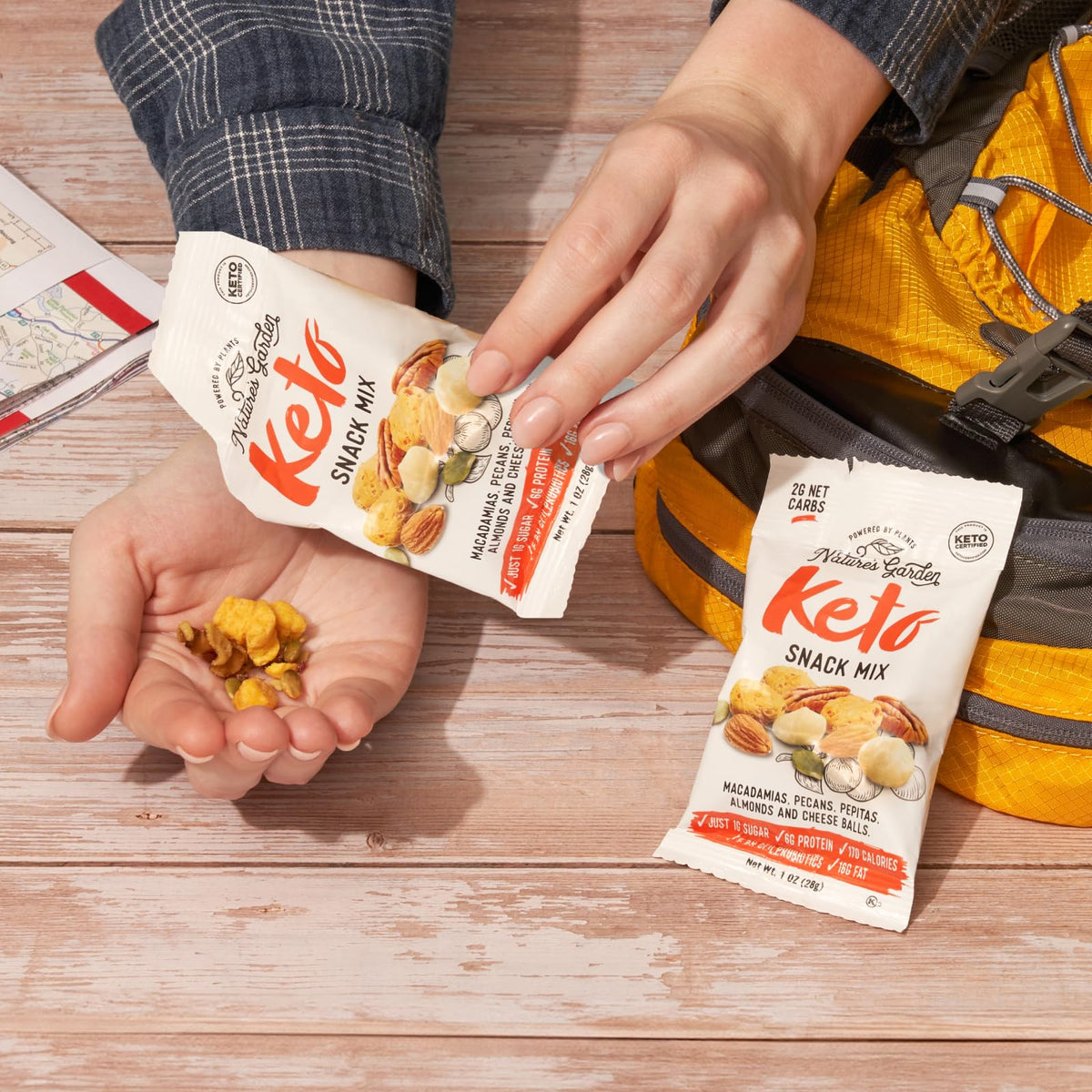 Nature's Garden Keto Snack Mix packaging shows twelve single-serve pouches for easy grab-and-go.