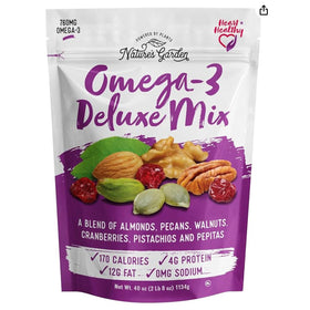 Nature's Garden Omega 3 Deluxe Mix bag shows premium trail mix ingredients for on-the-go snacking