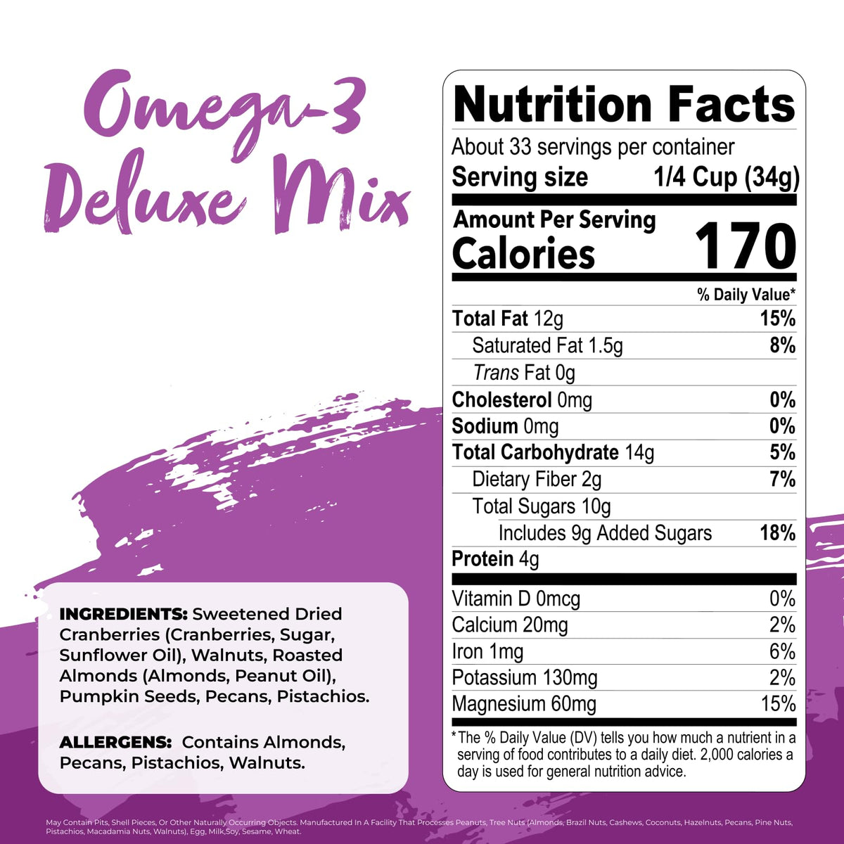 Nature's Garden Omega 3 Deluxe Mix close-up highlights omega-rich ingredients for nourishing snacking