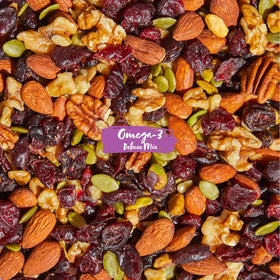 Nature's Garden Omega 3 Deluxe Mix ingredients rack showcases premium vegan, gluten-free mix