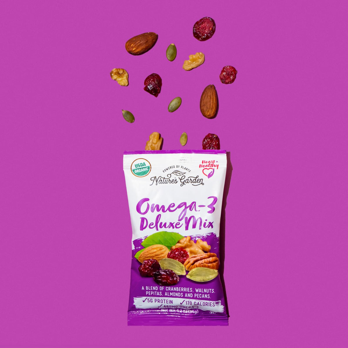 Nature's Garden Omega 3 Deluxe Mix on-the-go snack pack for travel.