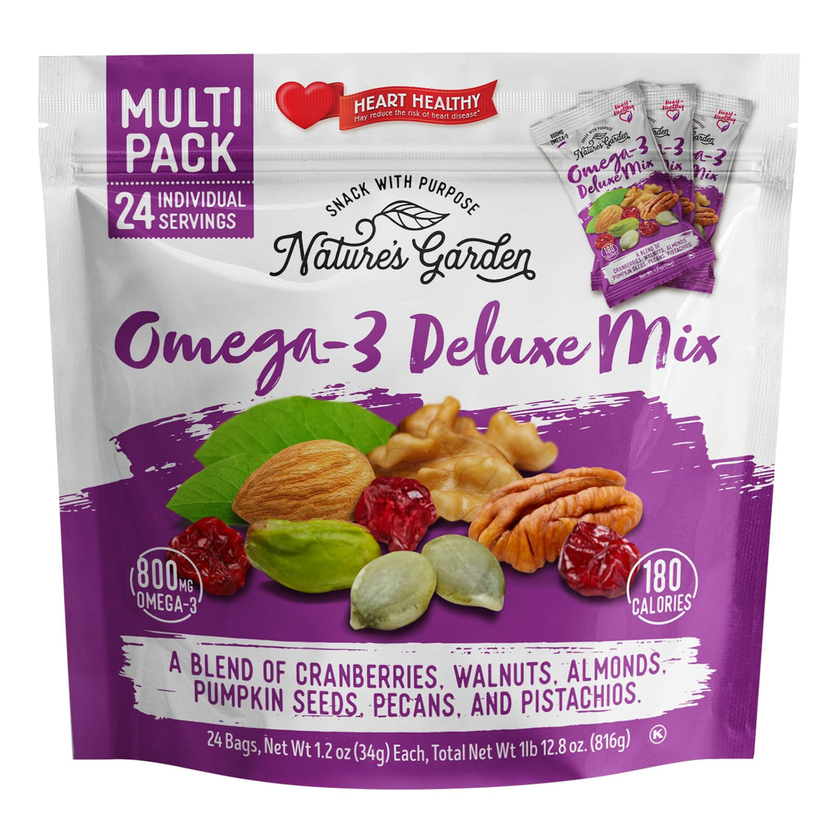 Nature's Garden Omega 3 Deluxe Mix trail-mix bag for on-the-go snacking.
