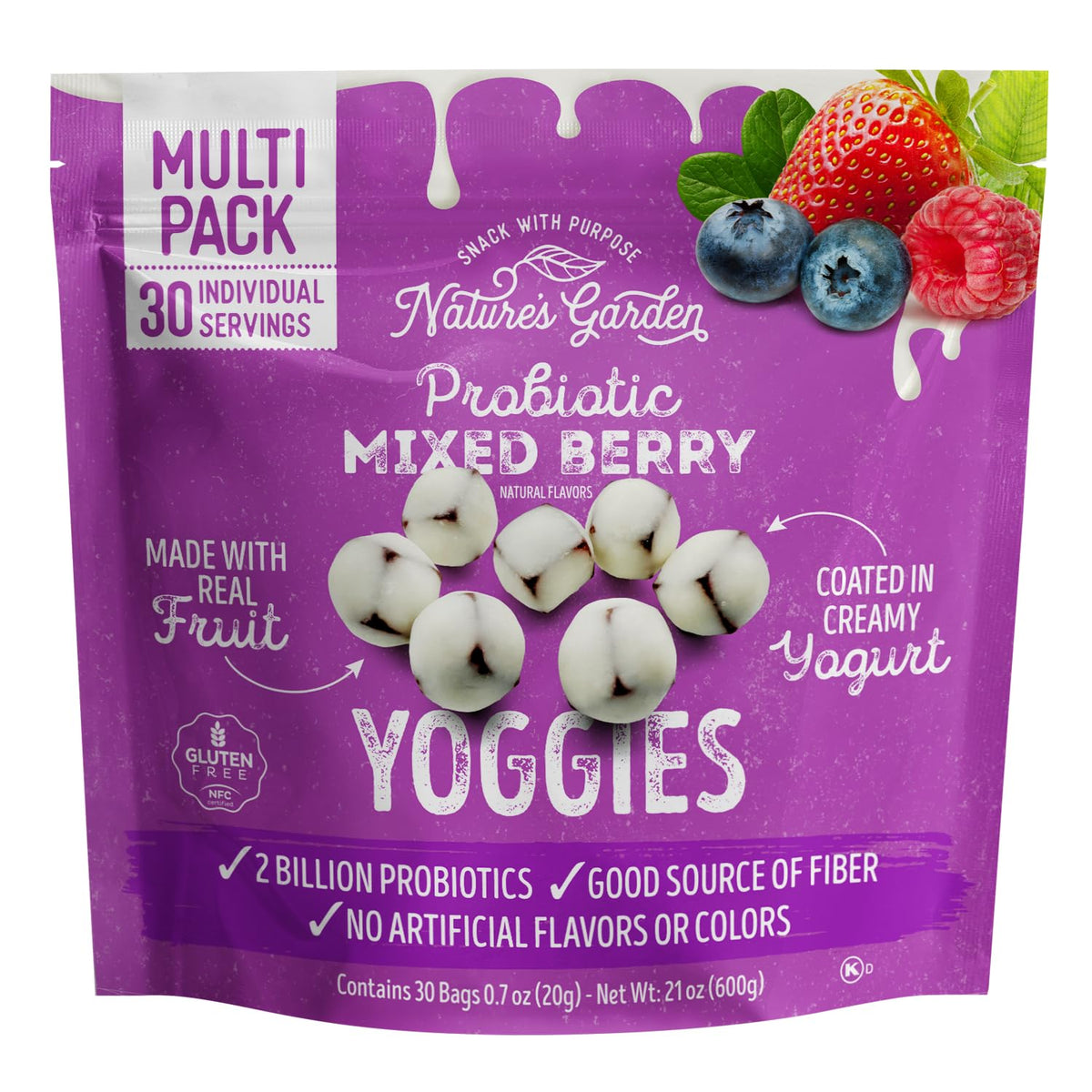 Nature's Garden Probiotic Mixed Berry Yoggies single serve pack for on the go snacking