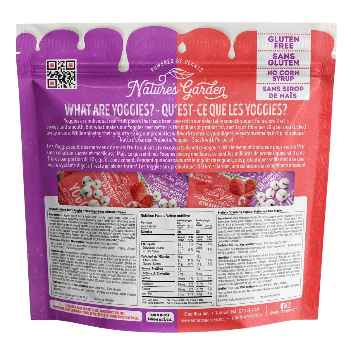 Nature's Garden Yoggies Mixed Berry on-shelf display with 30-pack carton.