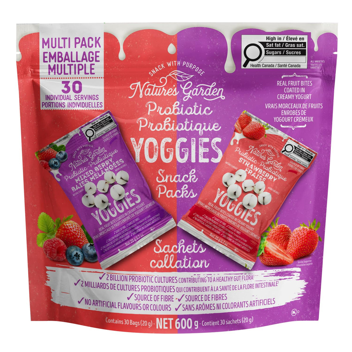 Nature's Garden Yoggies Mixed Berry pack close-up with real fruit pieces for on-the-go snacking.