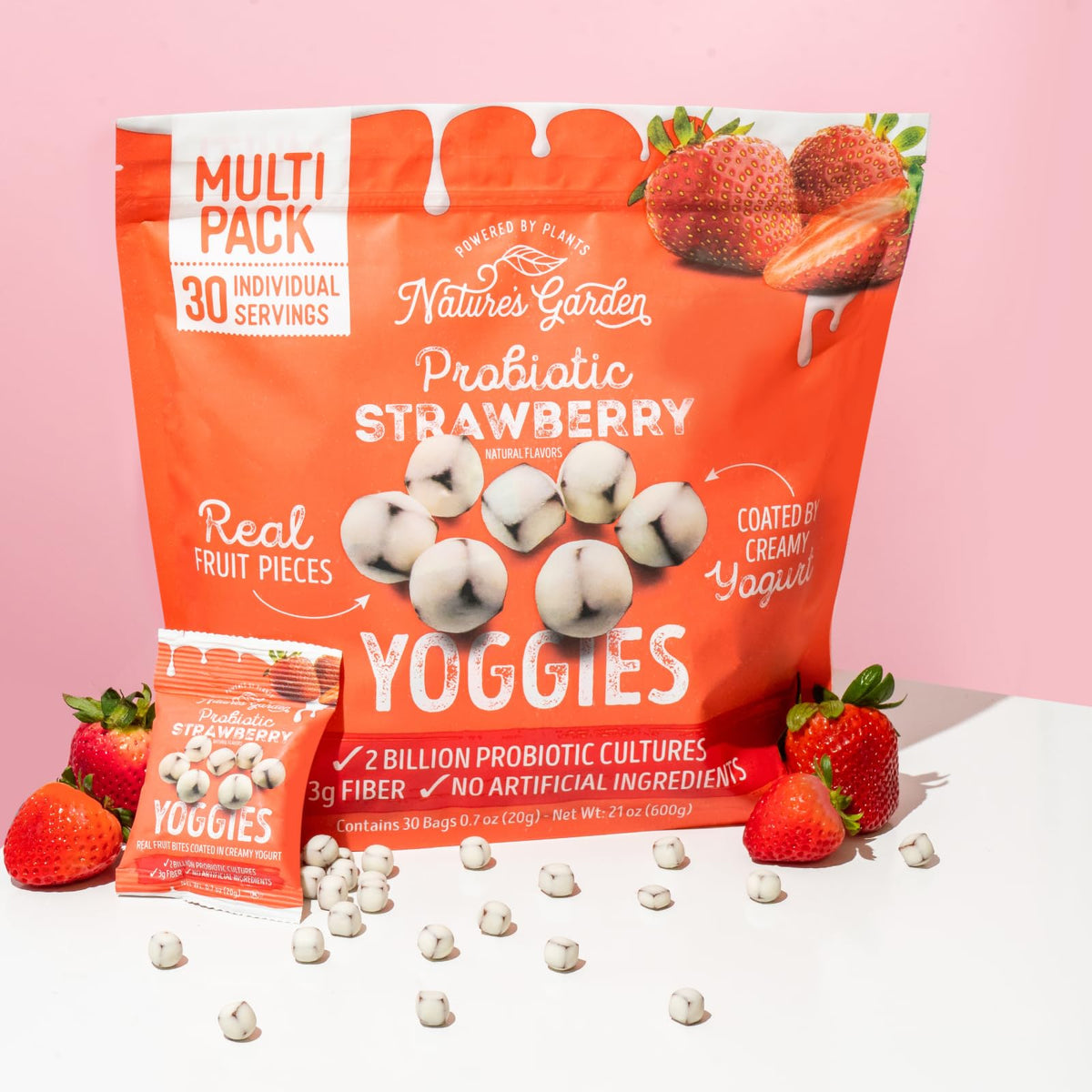 Nature's Garden Probiotic Yoggies bite-sized pouches ideal for travel.